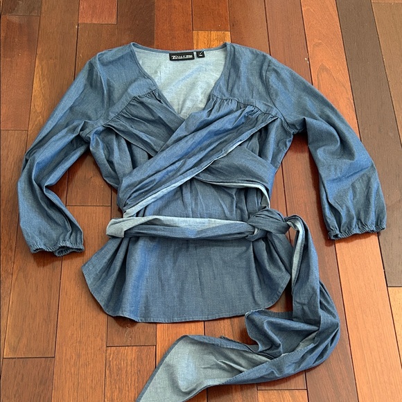 NY Collection Denim Blue Wrap Blouse - Picture 1 of 3